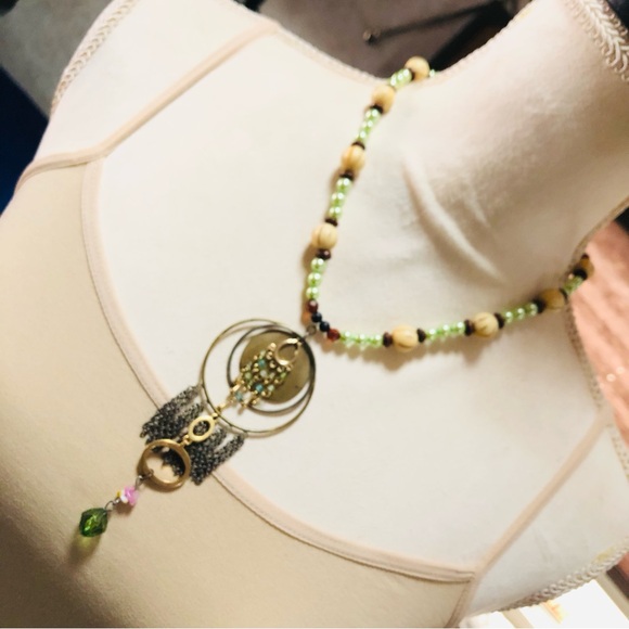 Hand Crafted Jewelry - Handcrafted repurpose old brass fringe pendant Czech glass Pearl necklace